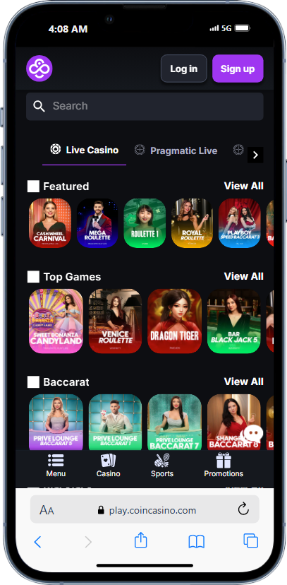 تطبيق الهاتف الجوال لكازينو CoinCasino على هاتف آيفون