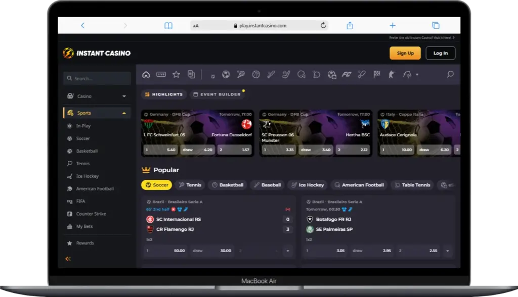 واجهة Instant Casino الرياضية توضح مباريات كرة القدم والرهانات المباشرة ضمن منصات المراهنات على الرياضات الإلكترونية