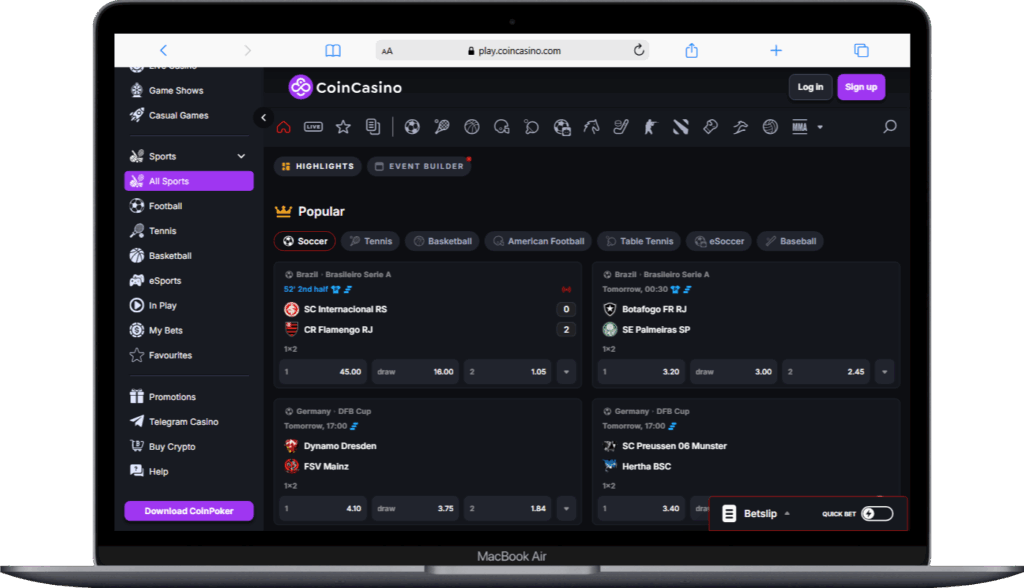 منصة CoinCasino تعرض قسم المراهنات الرياضية ومباريات كرة القدم الأكثر شعبية ضمن منصات المراهنات على الرياضات الإلكترونية