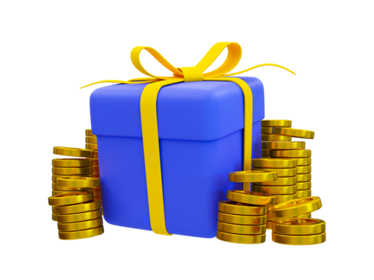 هدية زرقاء محاطة بعملات ذهبية.