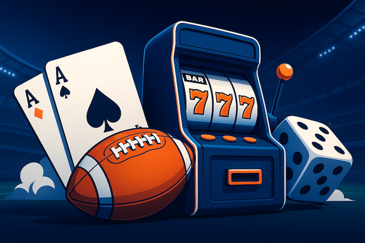رموز ألعاب الكازينو والمراهنات تشمل ماكينة سلوت وبطاقات ولعبة نرد وكرة قدم.
