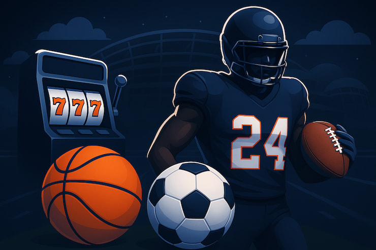 لاعب كرة قدم أمريكية مع رموز مراهنات تشمل ماكينة سلوت وكرة سلة وكرة قدم.