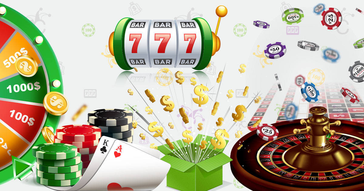 عناصر كازينو تشمل الروليت والسلوتس ورموز المال ورقائق اللعب في تصميم يعكس أجواء العاب القمار اون لاين
