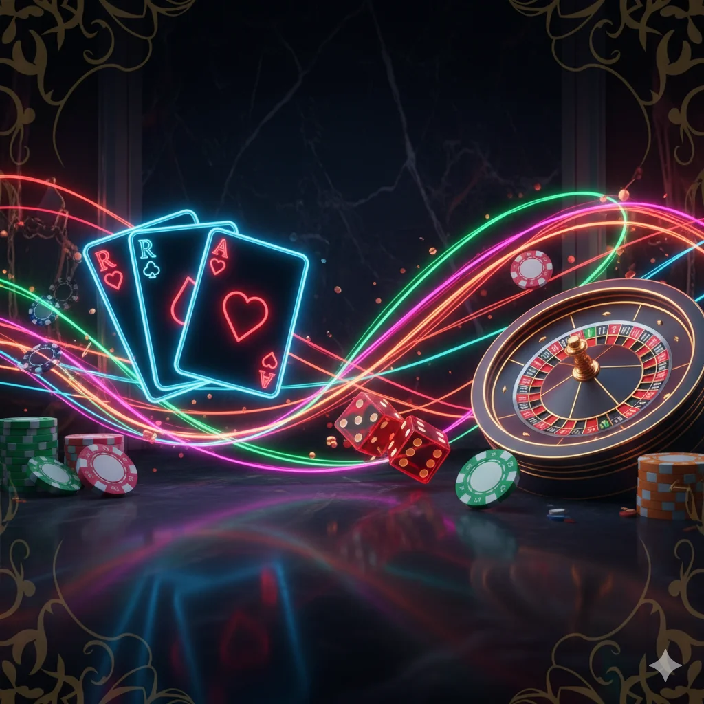 صورة كازينو فاخر بأوراق لعب نيون، روليت، نرد، ورقائق مراهنة.