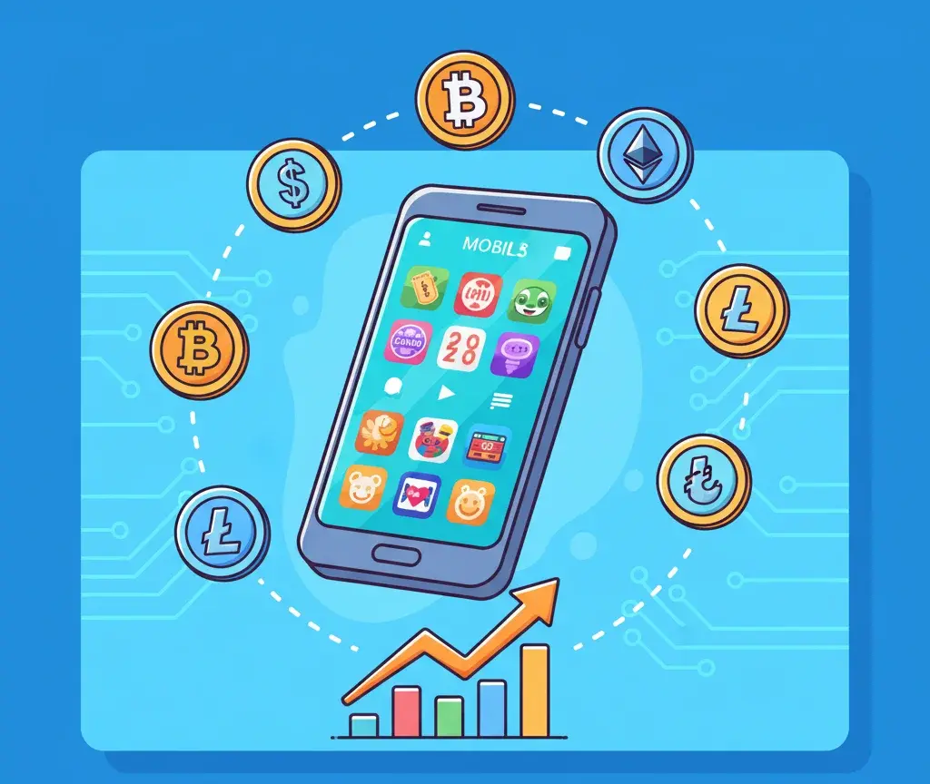 رسم كاريكاتوري لهاتف يعرض تطبيقات كازينو وعملات رقمية محيطة به.