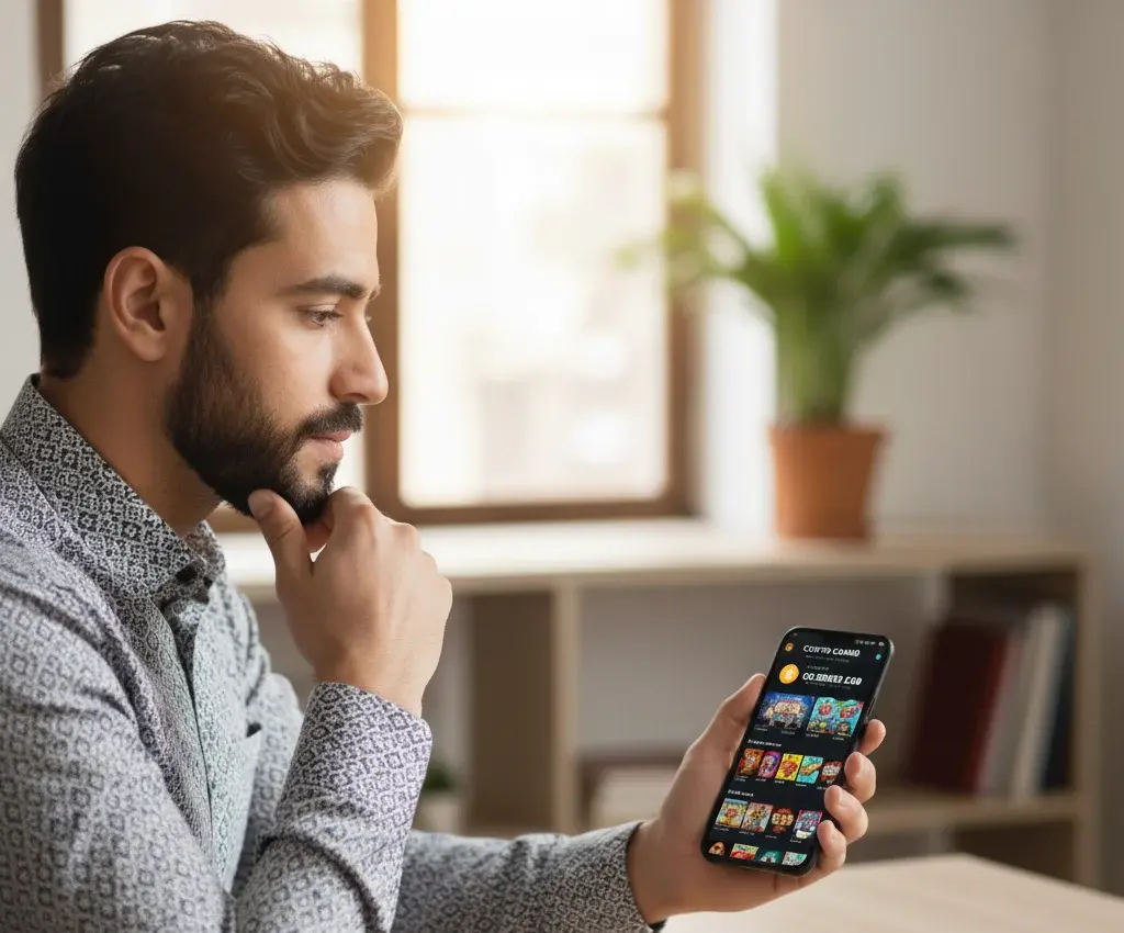 رجل ينظر بتمعن إلى هاتفه الذي يعرض مواقع كازينو العملات المشفرة.