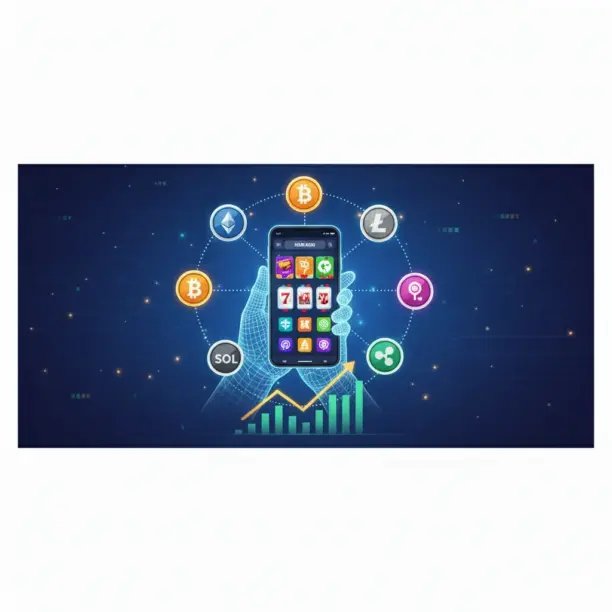 هاتف يعرض ألعاب كازينو محاطًا برموز العملات الرقمية.