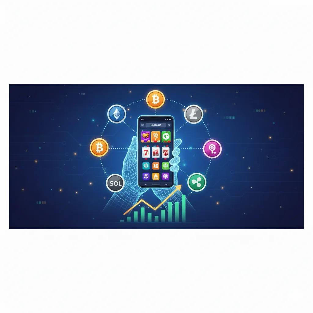 هاتف يعرض ألعاب كازينو محاطًا برموز العملات الرقمية.