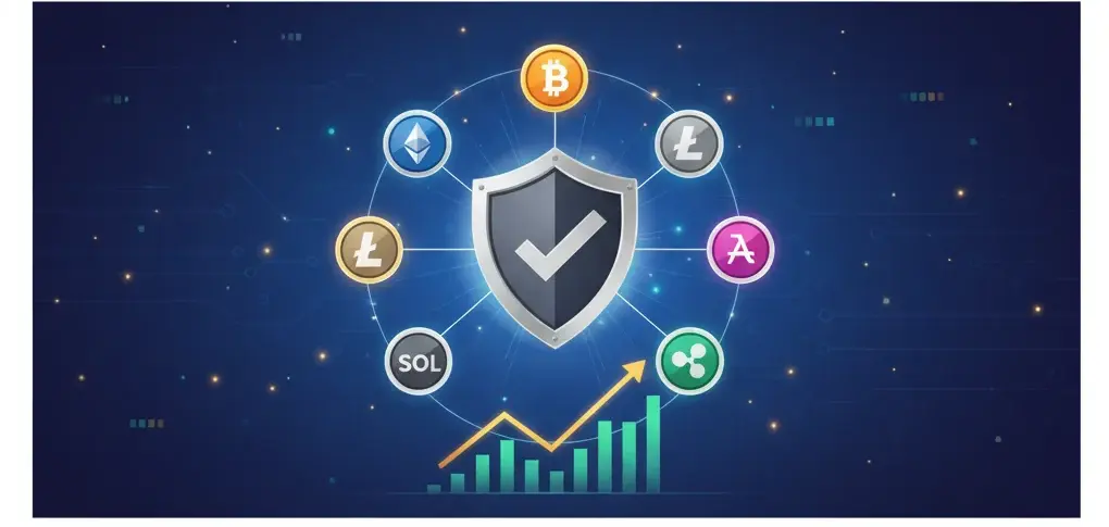صورة مستطيلة تعرض عملات رقمية متنوعة حول درع أمان، مع رسم بياني للنمو.