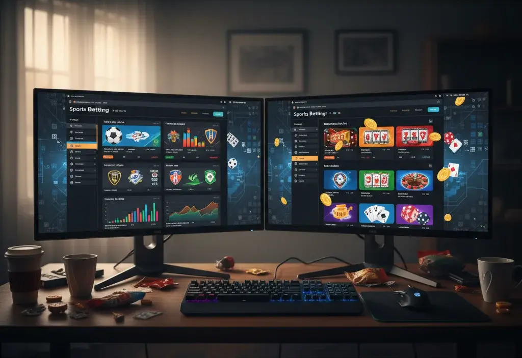 شاشتان كمبيوتر تعرضان مواقع مراهنات رياضية وكازينو.