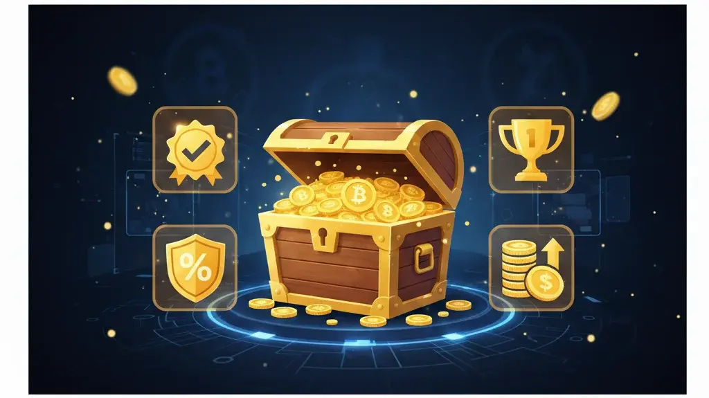 صورة مستطيلة تعرض صندوق كنز مفتوح مليء بعملات البيتكوين الذهبية، محاطًا برموز المكافآت.