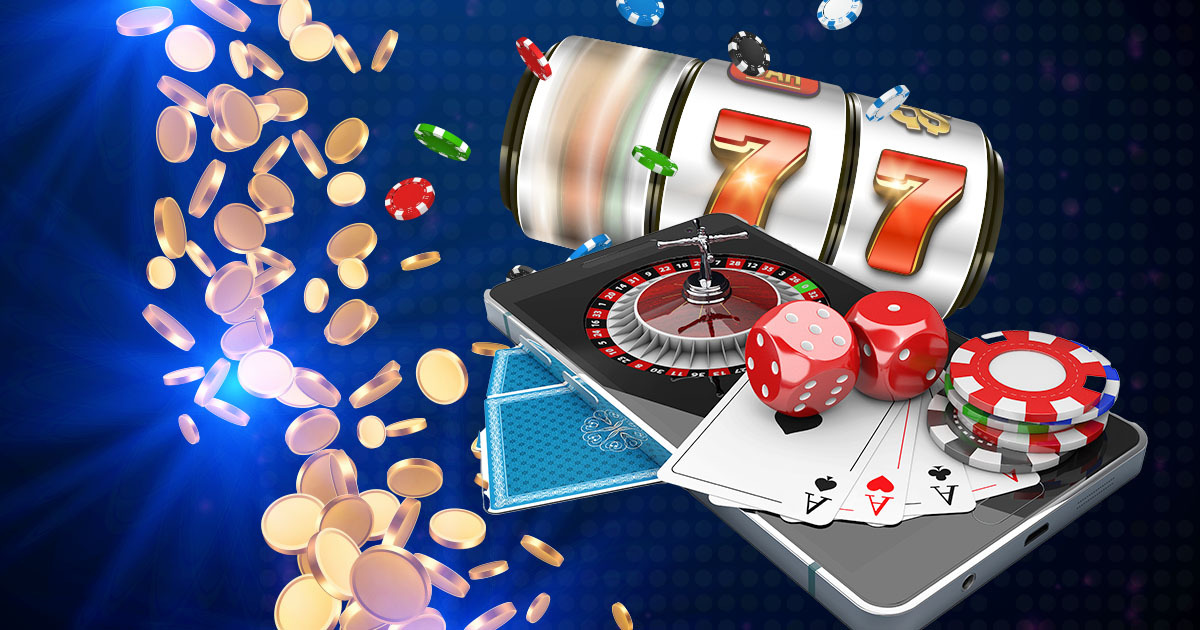 واجهة كازينو اون لاين تحتوي على ماكينات سلوتس، رولات الروليت، بطاقات اللعب، ورقائق القمار مع تأثير بصري لنقود ذهبية متطايرة