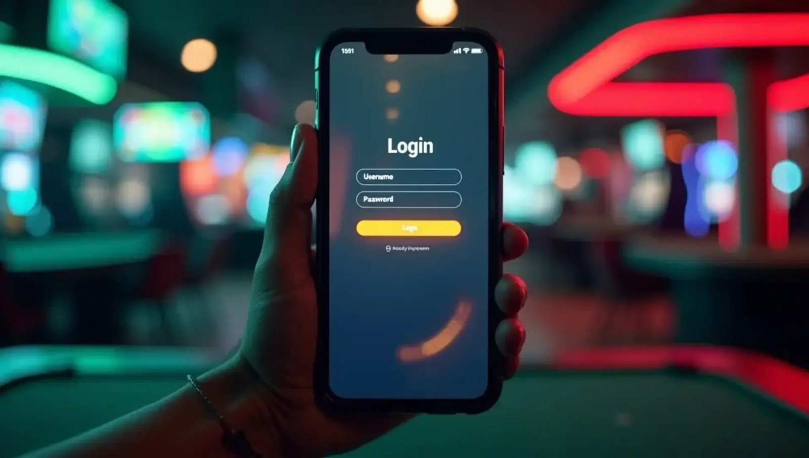 واجهة تسجيل دخول على هاتف ذكي داخل صالة كازينو اون لاين مضاءة بألوان نيون تعكس بيئة اللعب الرقمية