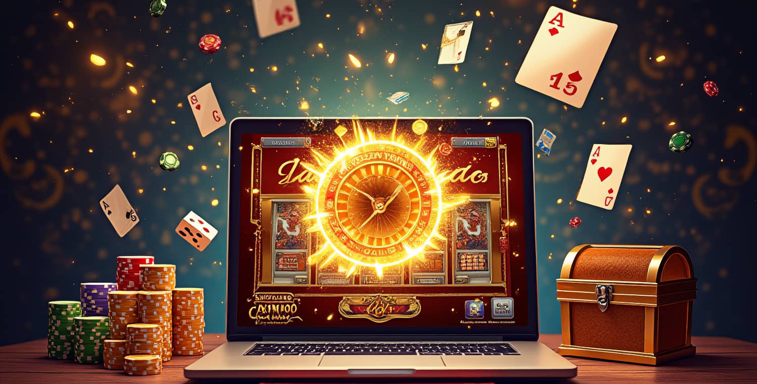 واجهة كازينو أونلاين على لابتوب محاطة برقائق وبطاقات لعب وعجلة روليت متوهجة وصندوق مكافآت ذهبي