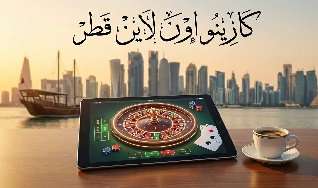 صورة فوتوغرافية تُظهر جهازاً لوحياً على طاولة خشبية يعرض لعبة روليت كازينو افتراضية، وبجانبه كوب قهوة وعدد من رقائق الكازينو. في الخلفية يظهر أفق مدينة الدوحة، قطر.