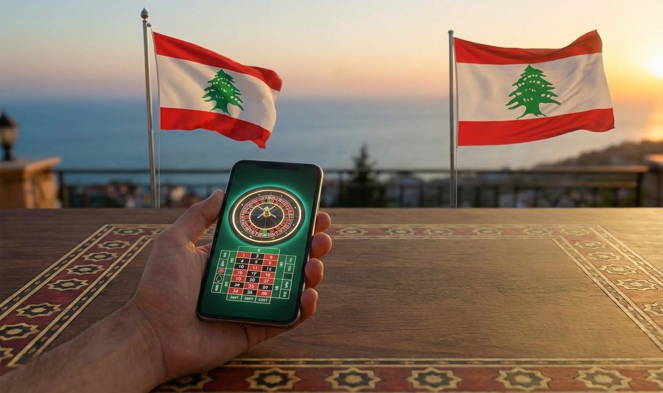صورة تُظهر يداً تمسك بهاتف ذكي يعرض لعبة روليت كازينو عبر الإنترنت، موضوعاً فوق طاولة خشبية مزخرفة بنقوش عربية، وفي الخلفية يرفرف علمان لبنانيان عند غروب الشمس المطل على البحر والساحل.