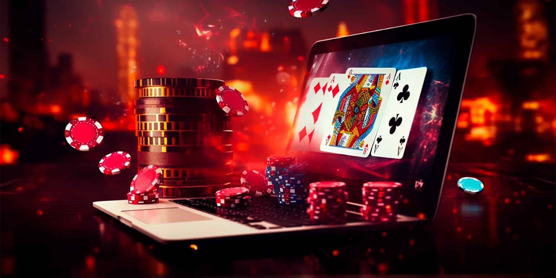 مشهد كازينو اون لاين يظهر أوراق اللعب ورقائق البوكر على لابتوب مضاء بتصميم يعكس تجربة العاب القمار الرقمية