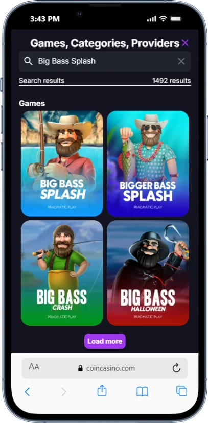 ماكينة القمار Big Bass Splash على Coincasino من الهاتف الجوال