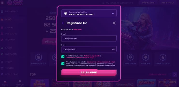 Registrace účtu sugar rush