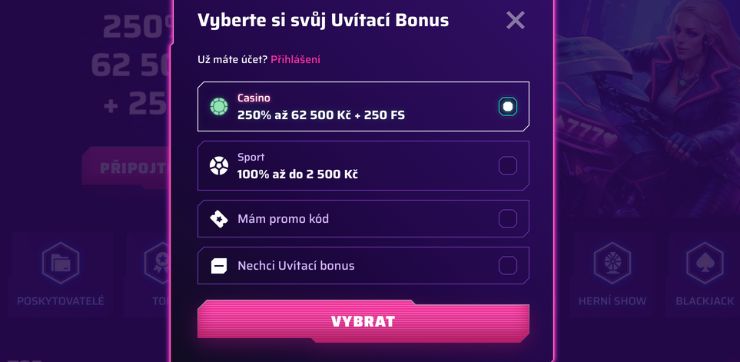 Výběr kasina a bonusu sugar rush