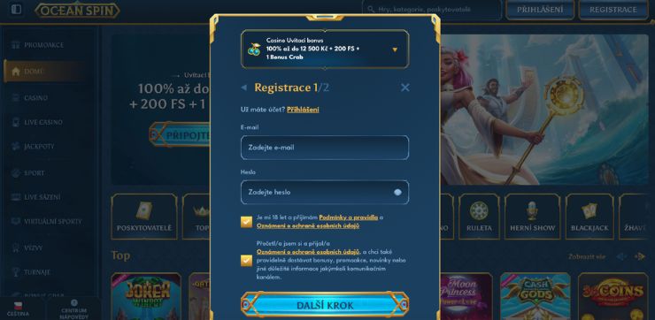 Filling in basic information live casino Vyplnění základních údajů