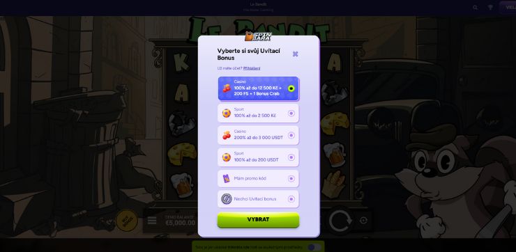 Welcome bonus selection Výběr uvítacího bonusu
