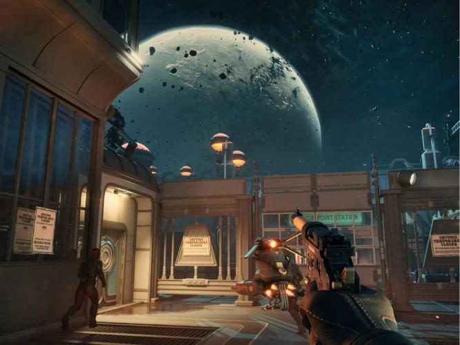 Outer Worlds Screenshot aus dem Spiel mit Planet im Hintergrund