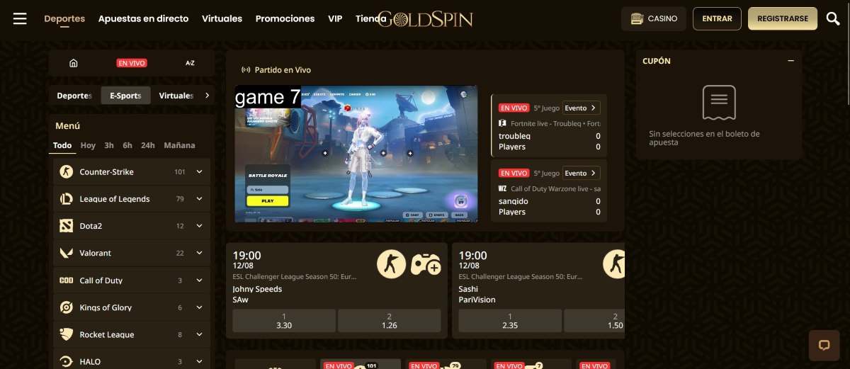 Goldspin es la mejor casa de apuestas con transmisiones en vivo de los e-Sports
