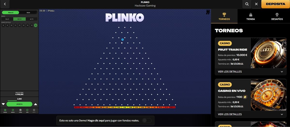 Puedes probar Plinko Dare 2 Win con dinero real y también gratuitamente en Spinsy