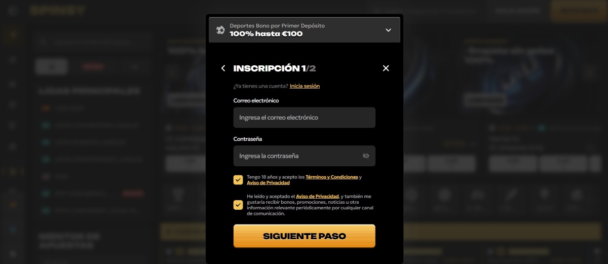 Al registrarte en Spinsy puedes elegir un bono de bienvenida deportivo de hasta 100 €