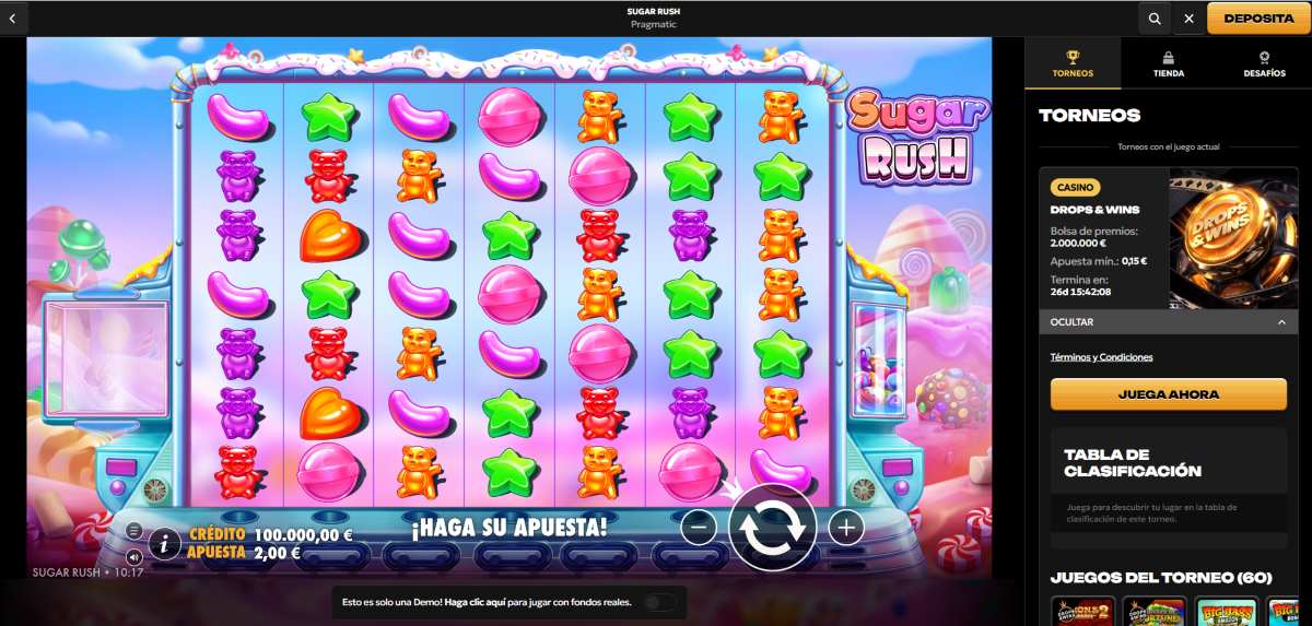 Juega al la Slot Sugar Rush en Spinsy, casino valorado positivamente por los usuarios.