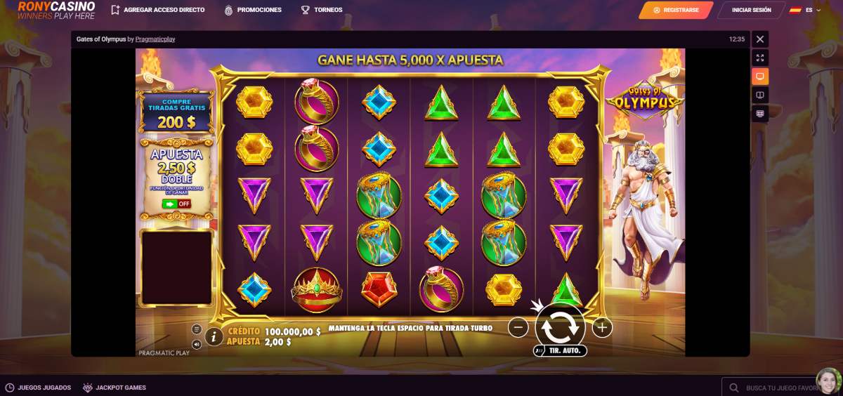 Jugar Gates of Olympus en Rony Casino te hará ganar grandes premios.