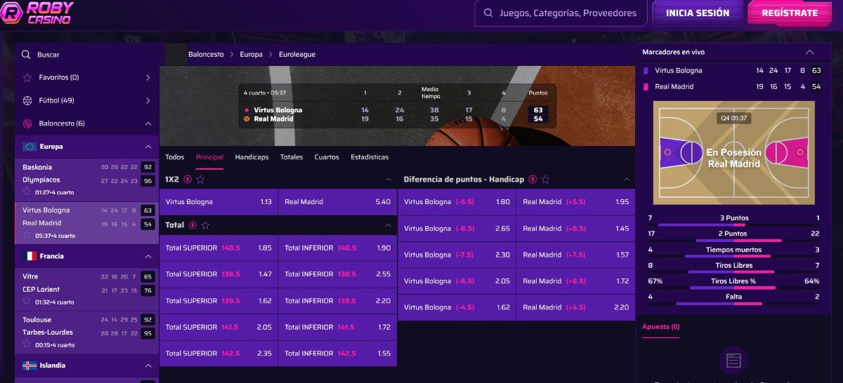 Roby Casino permite hacer apuestas de basket hoy en cientos de mercados