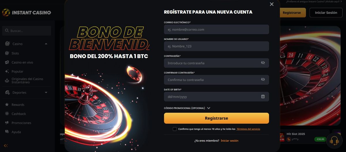 Instant Casino permite registro anónimo desde Argentina