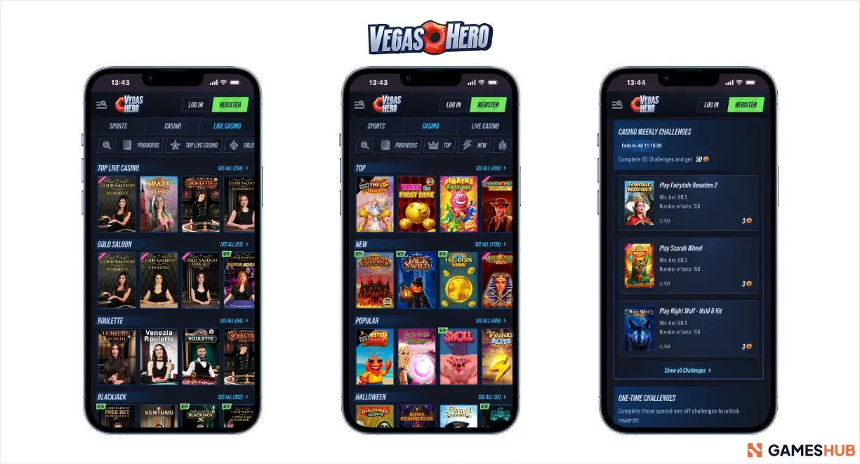 vegas hero pelit, live-kasino ja käyttöliittymä mobiilissa