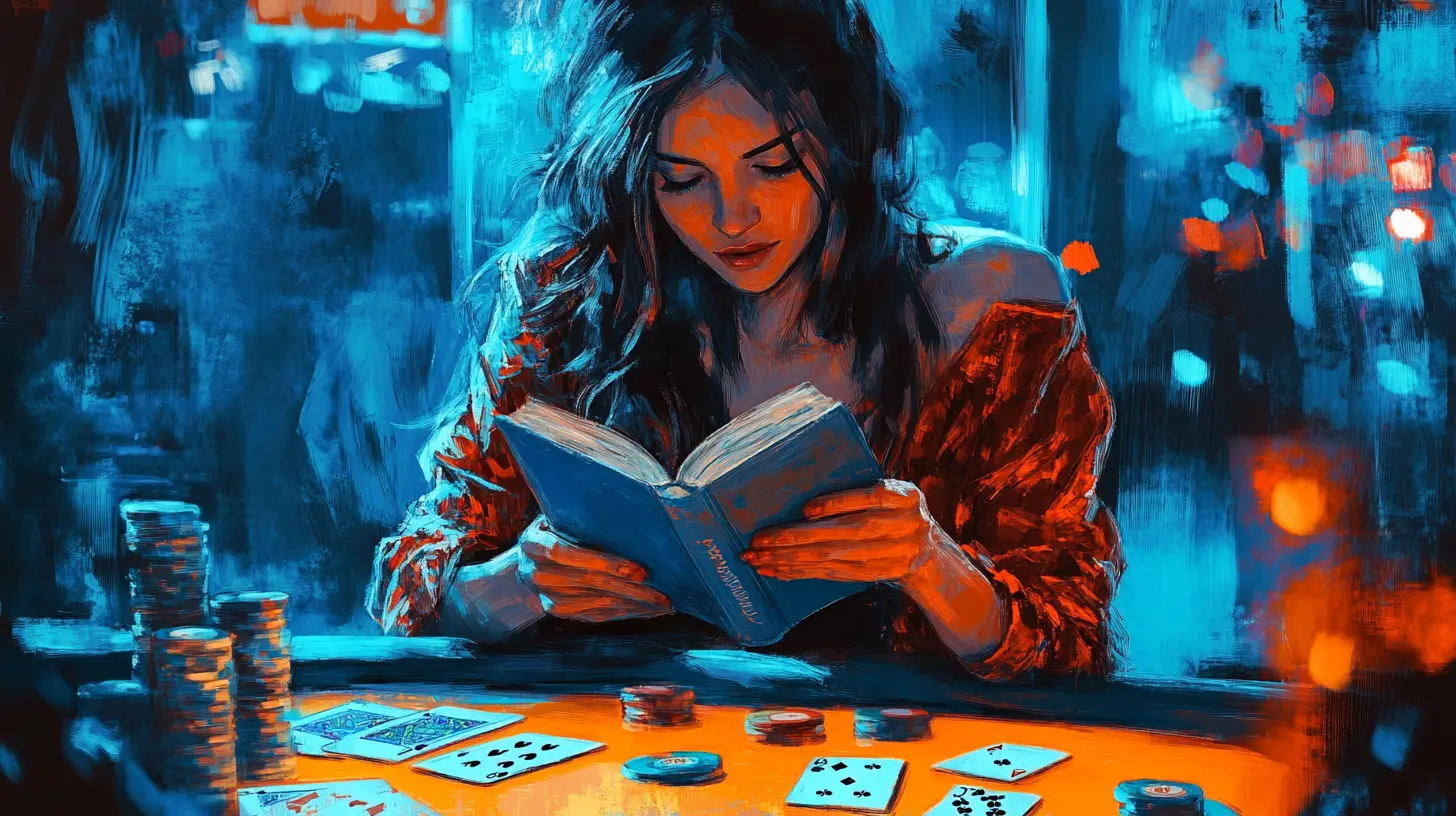 pokeri-oppaat kuvituskuvassa nainen lukemassa kirjaa pokeripöydässä