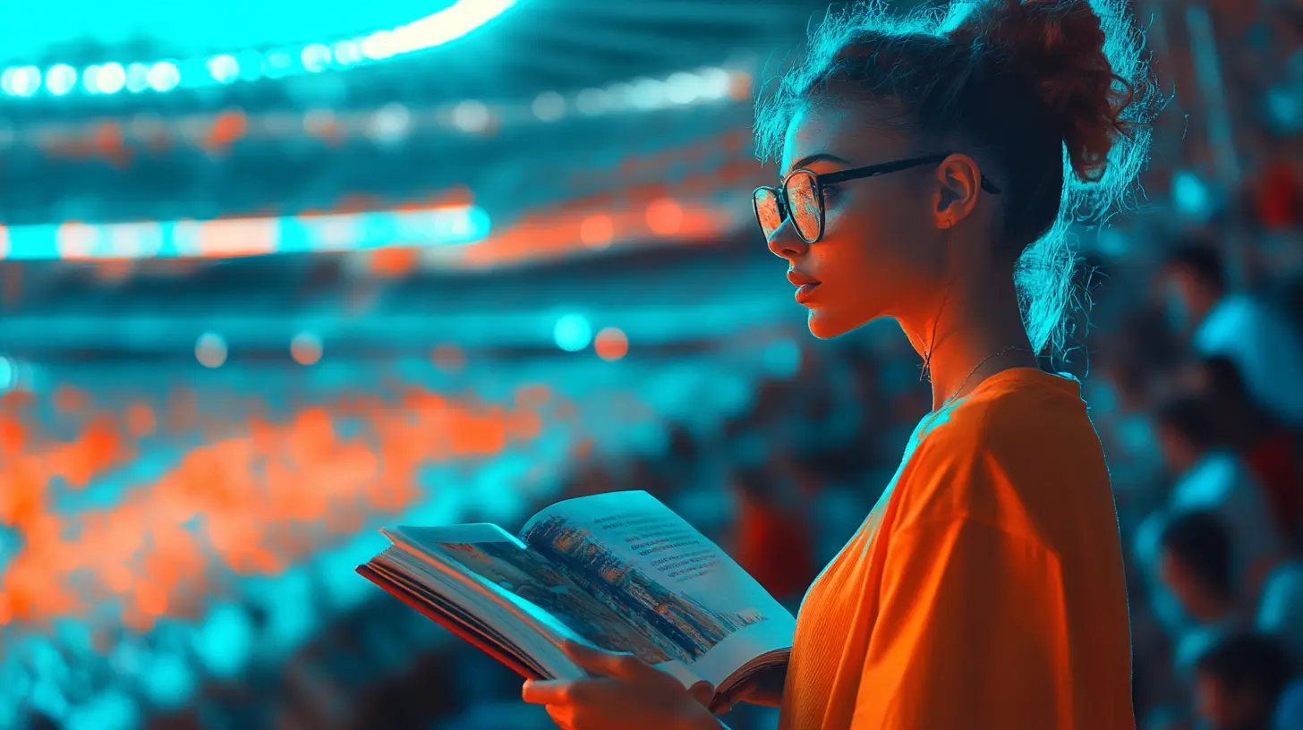 vedonlyöntioppaat kuvituskuvassa nainen stadionilla kirja kädessä
