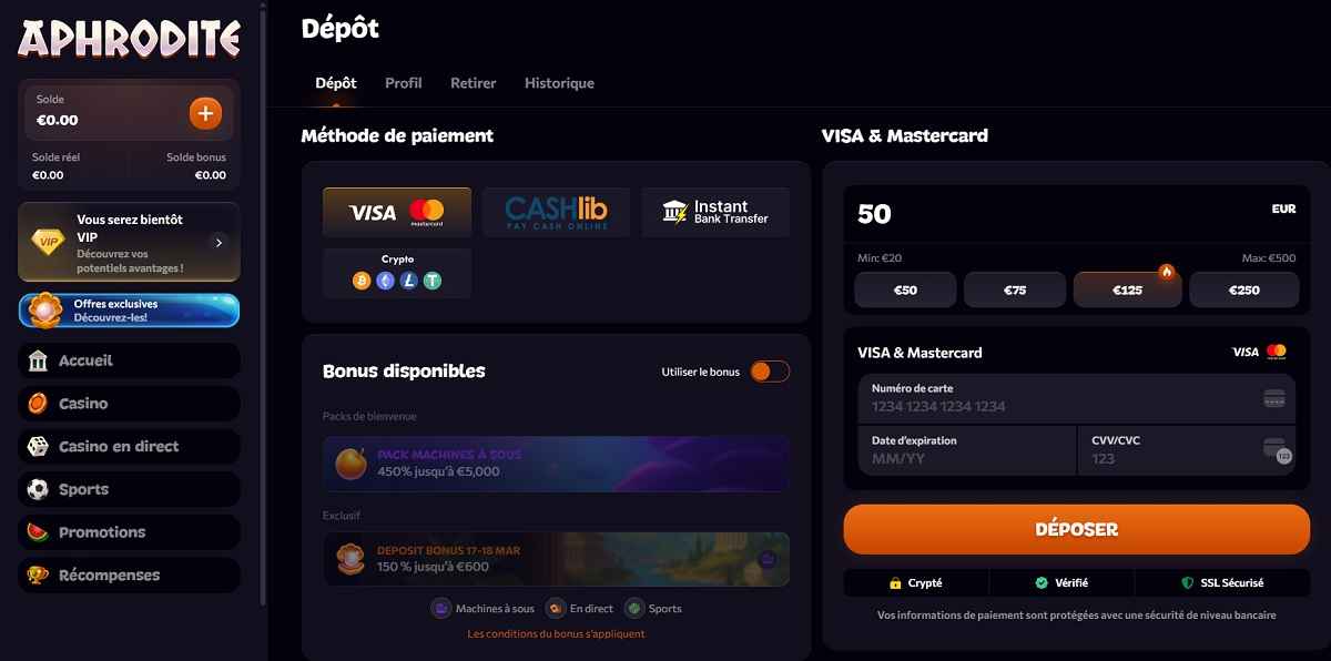 Aphrodite Casino moyens de paiement