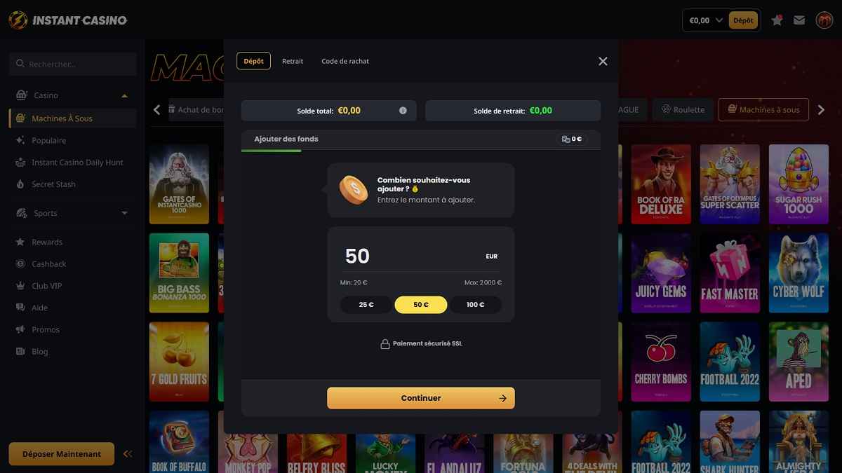 Faire un dépôt sur Instant Casino