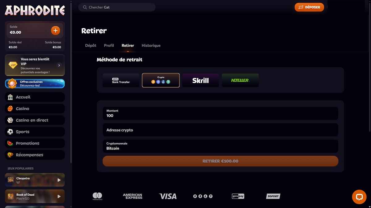 Faire un retrait sur Aphrodite casino_