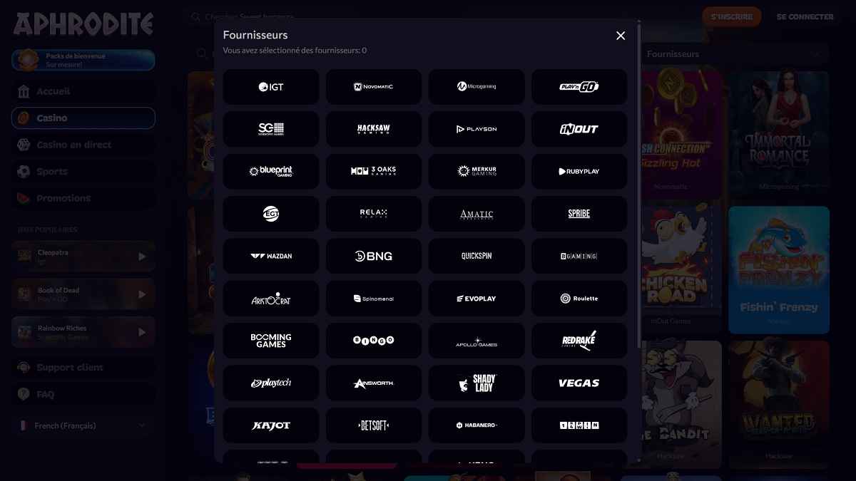 Fournisseurs jeux de casino Aphrodite Casino