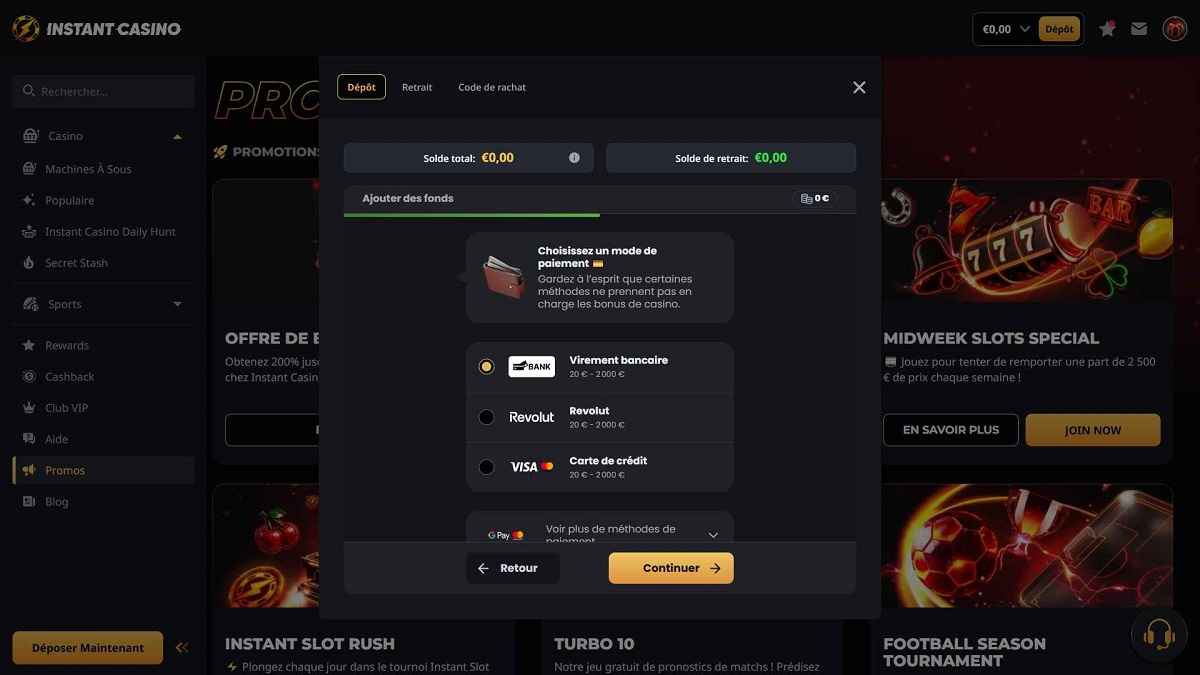 Effectuer un dépôt sur Instant Casino