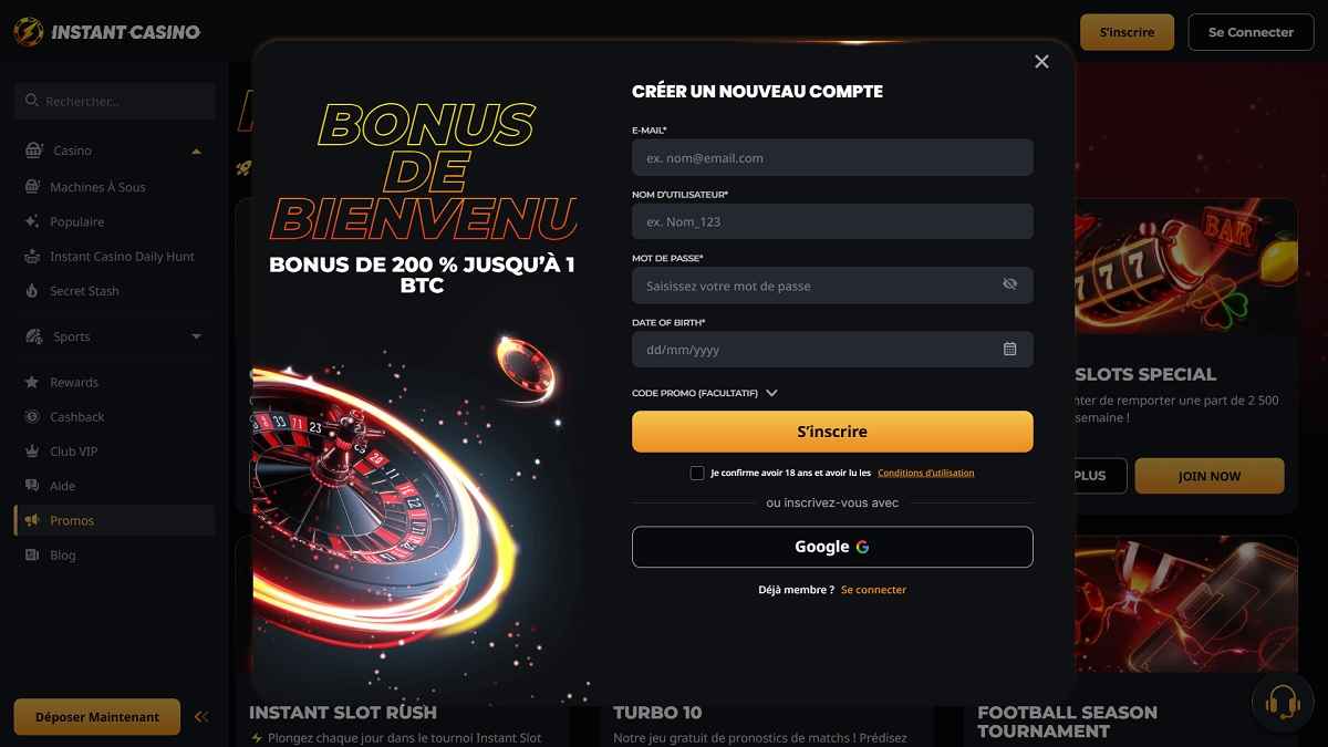 S'inscrire sur Instant Casino_11zon