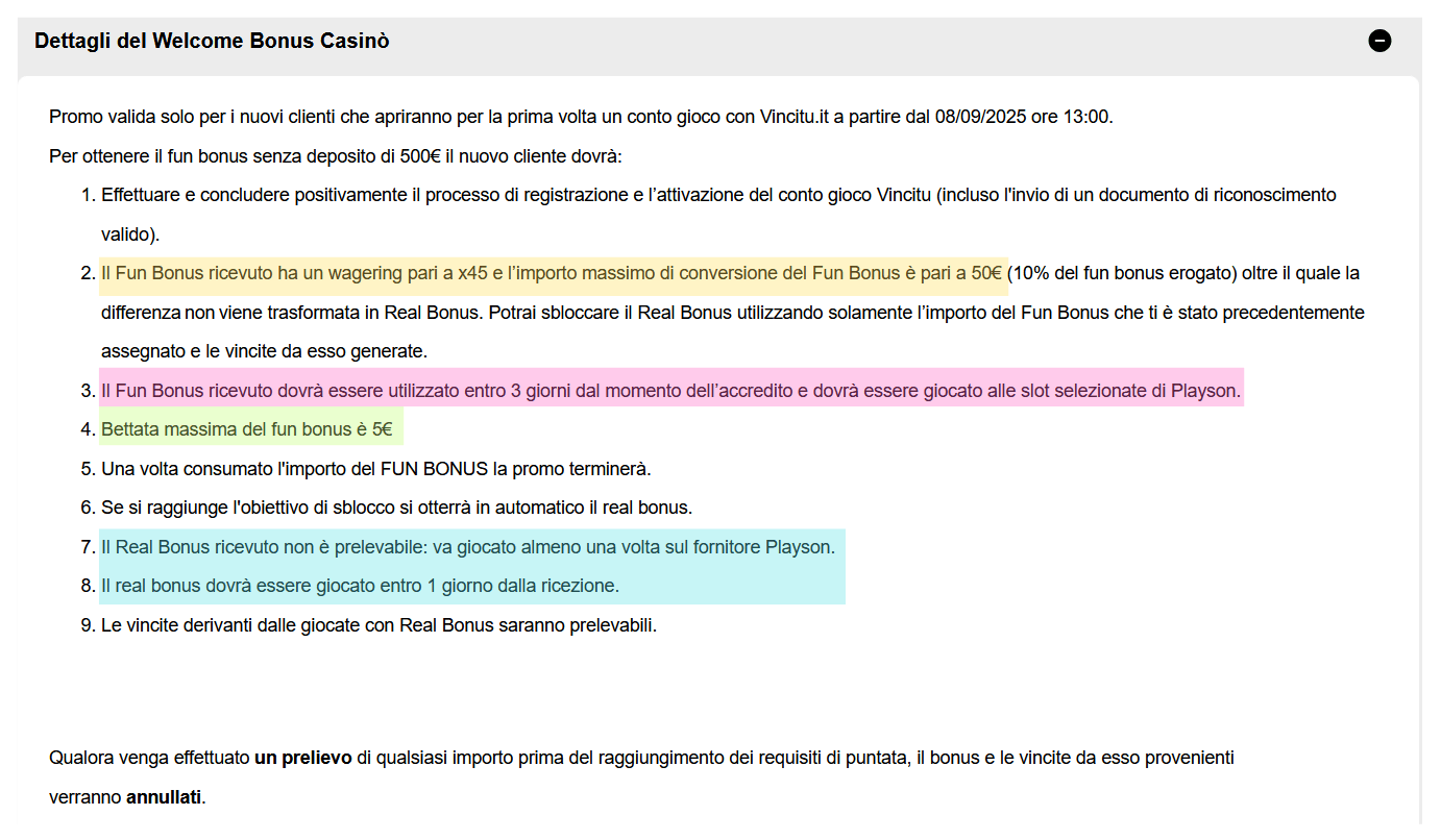 Esempio T&C bonus senza deposito
