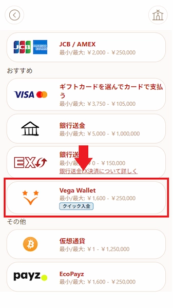 オンラインカジノ ベガウォレット入金