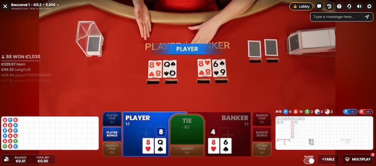 라이브 바카라 테이블에서 플레이어가 내추럴8로 승리했다