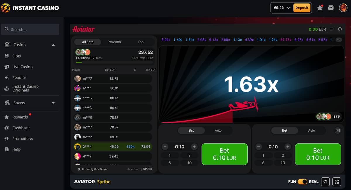 Aviator bij Instant Casino