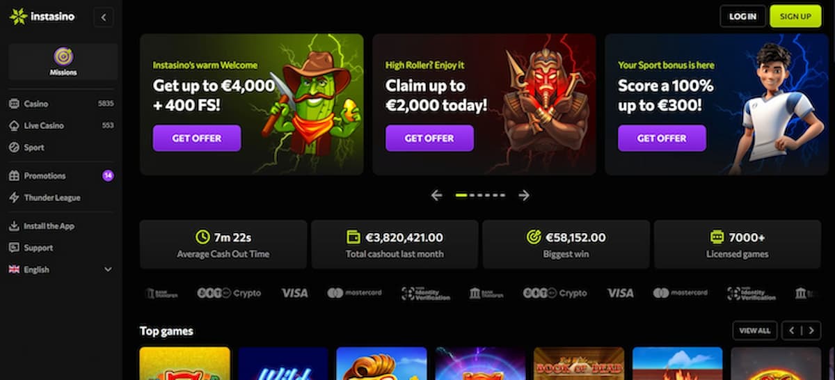 Instasino bookmaker zonder Cruks met hoogste welkomstbonussen