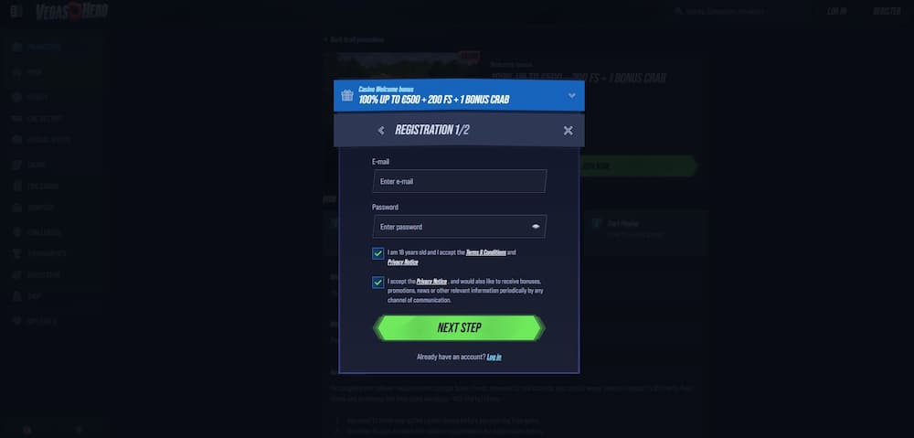 Registreer je account- Vegashero