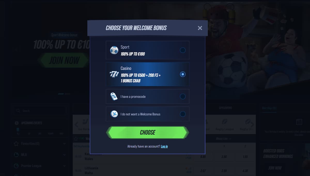Registreer je account en selecteer je favoriete sport bonus